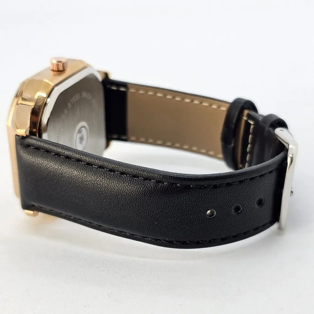 Men's Watch 42MM Black Dial‎ Gold Case Black Leather Band Straps Date Indicator